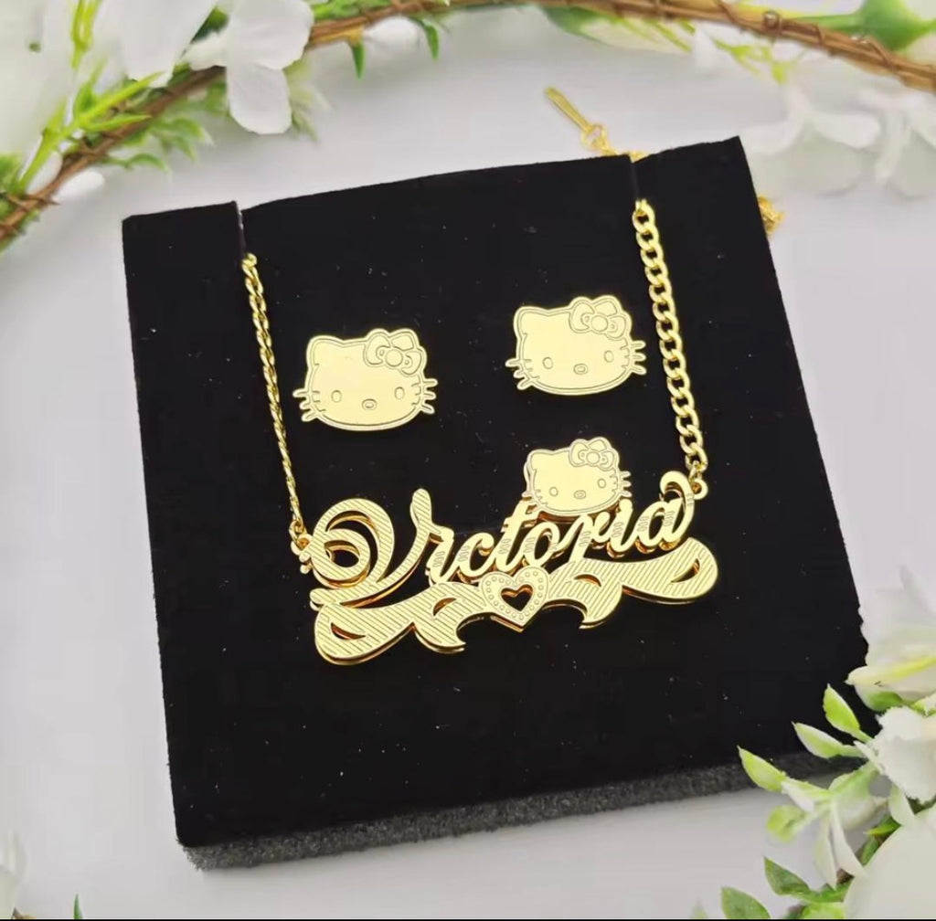 Gold Kitty Necklace and Earring Set
